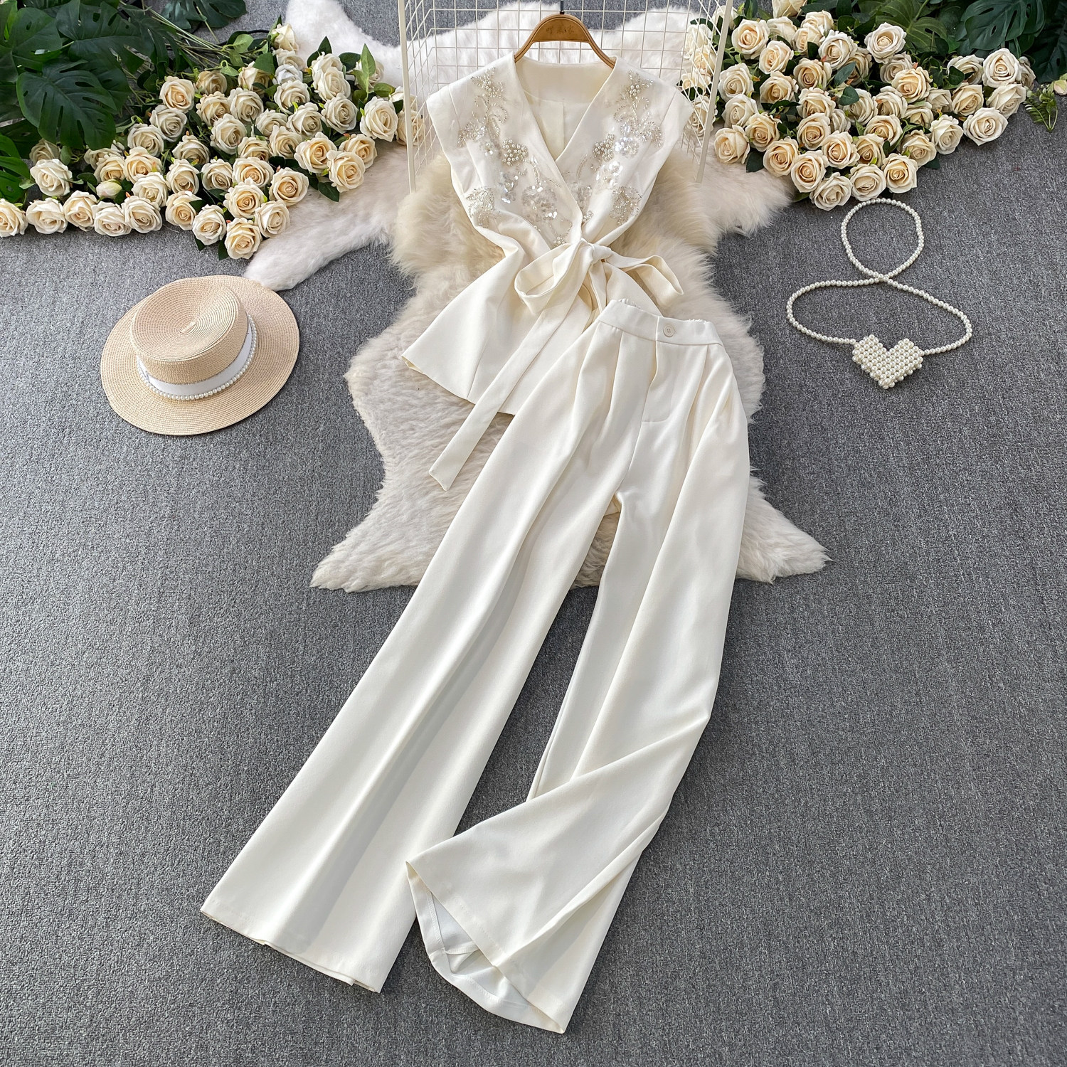 Elegant Embroidered Sequin V-Neck Waist-Defining Blazer & High-Waist Wide-Leg Trousers Two-Piece Set_ecoleips.com