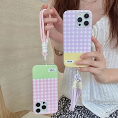ins少女拼接格子雙層適用蘋果15promax手繩手機殼14新款12女款13
