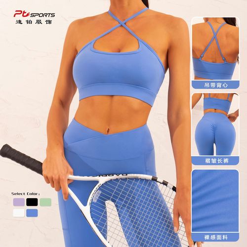 European and American new style thin shoulder strap bra double pocket pants three-piece set sexy strap back fitness yoga sports 