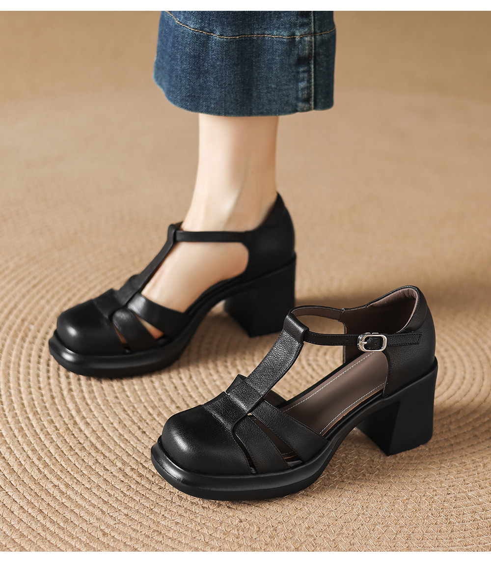 Sandal nữ cao gót phong cách La Mã, mũi kín gót kín, đế dày da bò, gót 7 cm — đen chi tiết 8