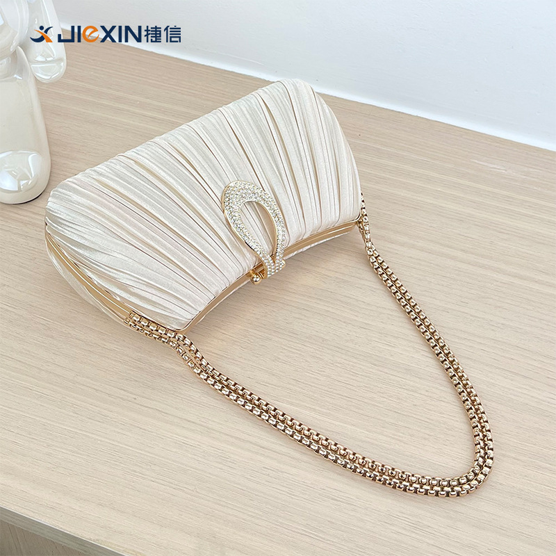 New Cross-Border Pleated Evening Bag Solid Color Handbag Simple Versatile Trendy Elegant Cheongsam Banquet Bridal Women's Bag - Thumbnail 3