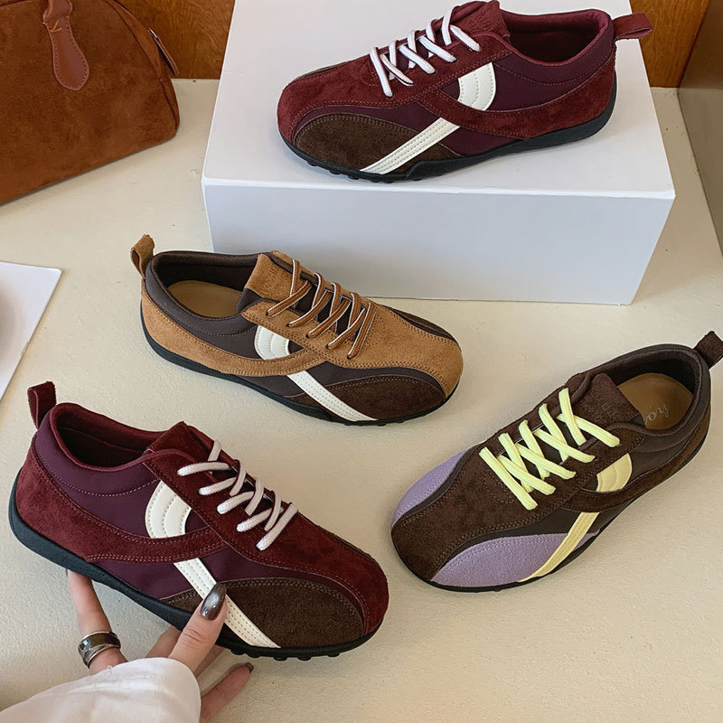 Genuine leather retro color-block thin-soled German training shoes for women, 2026 autumn new lightweight lace-up sneakers, casual sports Cortez shoes Genuine leather retro color-block thin-soled German training shoes for women, 2026 autumn new lightweight lace-up sneakers, casual sports Cortez shoes