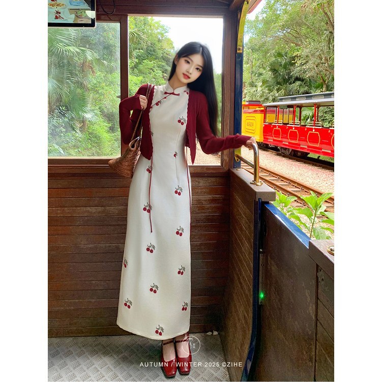 Qinying' New Chinoiserie Cherry Embroidered Improved Cheongsam Women's Early Autumn Retro Stand-Up Collar Waist Dress Two-Piece Set