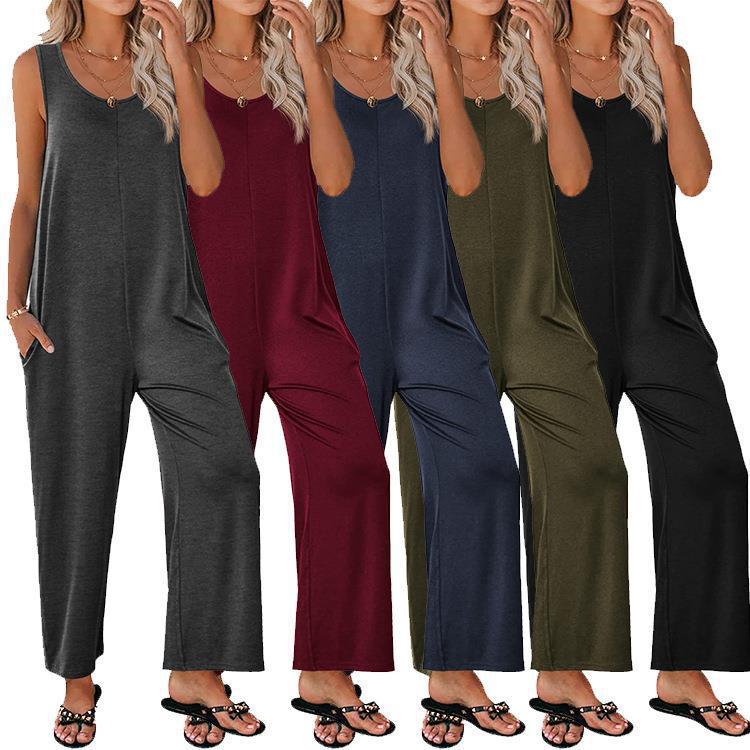 2024 Comercio exterior transfronterizo Amazon Europa y América del verano de las mujeres Sling flojo recto color sólido pierna ancha pantalones de una pieza liguero