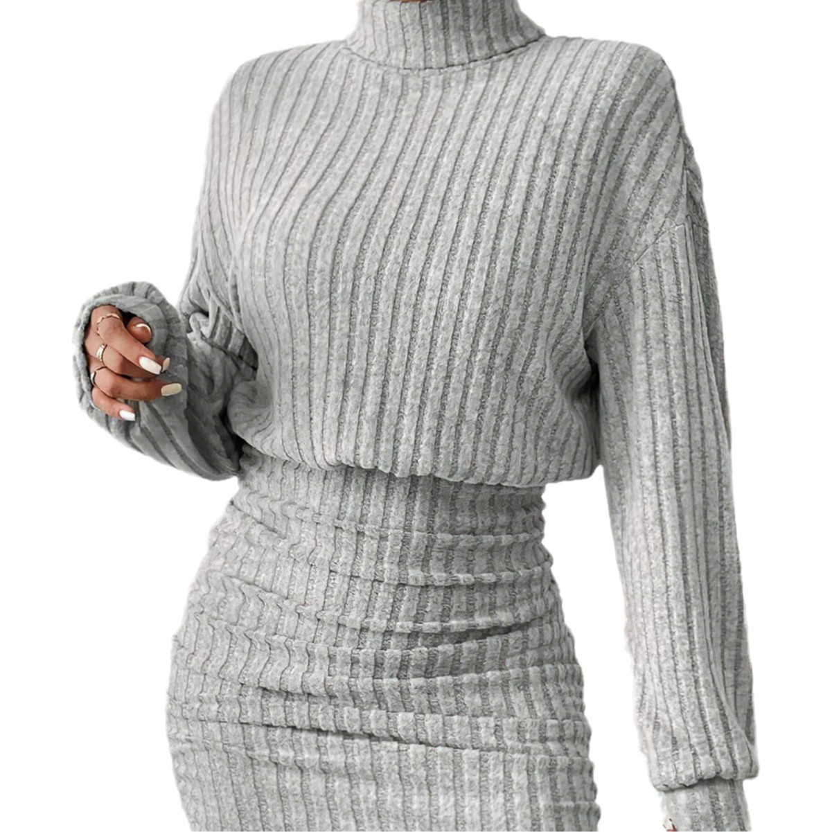 2024 Cross-Border European And American Autumn Wo's New Bodycon Long Sleeve High Neck Ribbed Knit Dress For_ecoleips.com