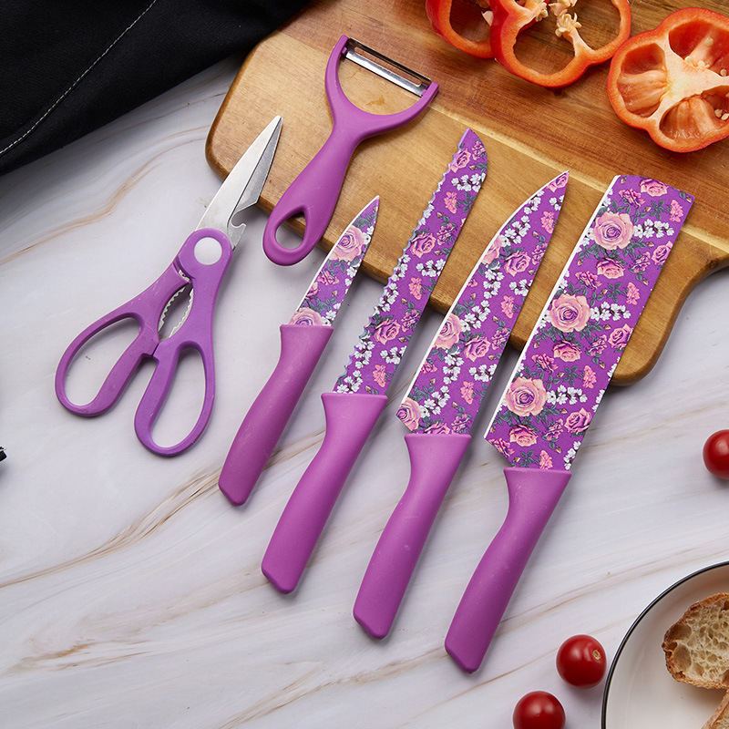 Comercio exterior cuchillos de cocina de 6 piezas de acero inoxidable color impresión cuchillo de impresión de rosas de cocina doméstica conjunto de cuchillos