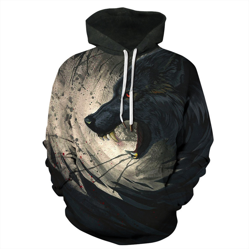 Ebay Foreign Trade Wolf Digital Printed Baseball Suit Street Fashion plus size Hooded Sweatshirt Couples Pullover