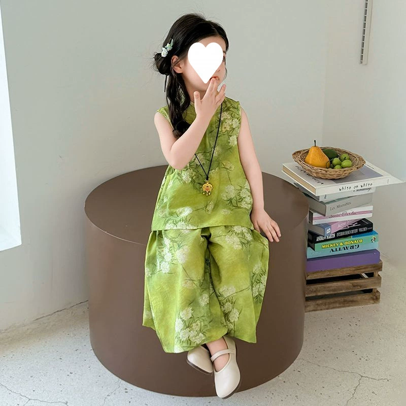 Наряд в китайском стиле Hanfu для девочек, лето 2025, новый тренд, детский новый летний наряд в китайском стиле, широкие брюки для девочек, комплект из двух предметов