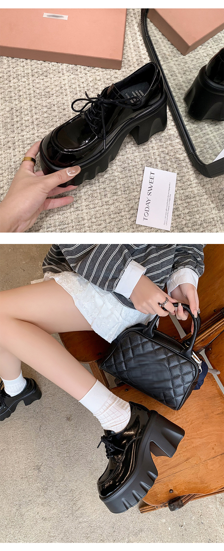 Giày loafer nữ đế xuồng platform gót vuông dây buộc da thật — màu đen, màu trắng ngà chi tiết 15
