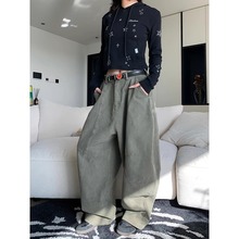 美式复古绿色香蕉牛仔裤女2025春夏慵懒风廓形宽松阔腿拖地弯刀裤