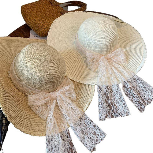 2025 Women's Lace Butterfly Knot Summer French Style Wide Brim Sun Hat Sunshade Sun Hat for Beach
