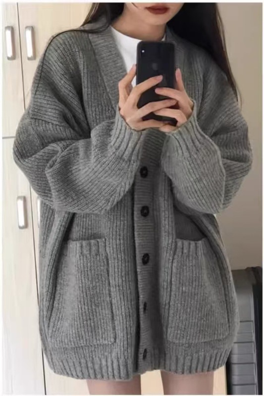 复古慵懒风V领100羊毛中长款毛衣开衫女宽松加厚大码针织上衣打底|undefined