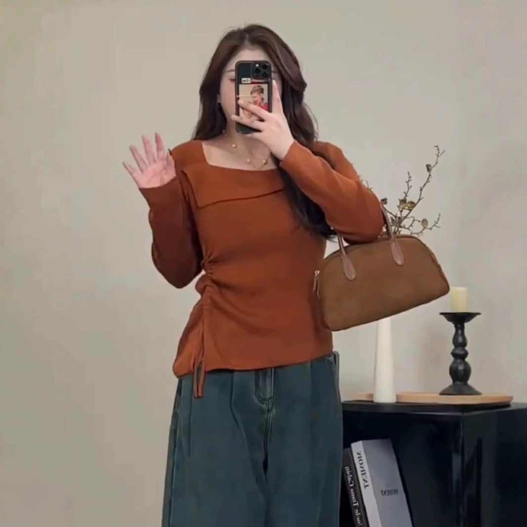 Женский трикотажный топ больших размеров с асимметричным открытым плечом, осенний винтажный универсальный облегающий топ с завязками, базовая рубашка-подкладка, коллекция 2025