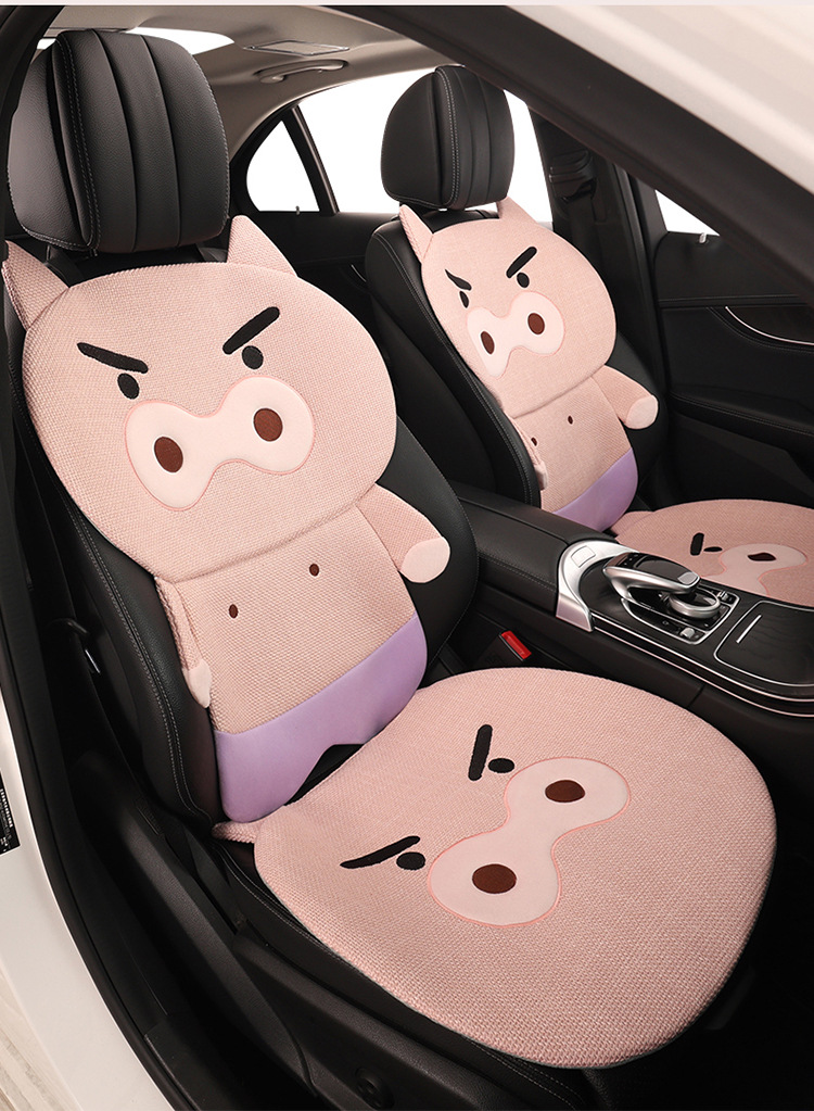 2026 New Cartoon Piggy Coarse Linen Car Seat Cushion, Universal for All Seasons, Multi-Piece Set for Single Seat, Original Factory Direct Shipment
