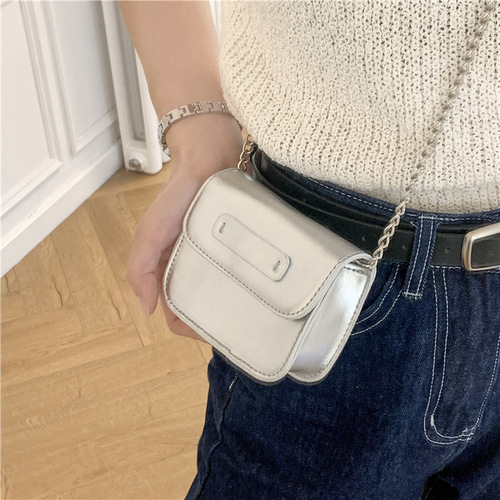 Korean new style small square shoulder bag, crossbody chain bag, fashionable silver mini cosmetic bag, cute lipstick bag for women