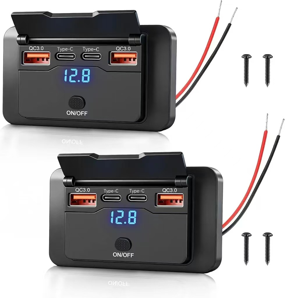Rv Bus Car Charger Modified to 4-Port Charger, No-Drill Flip Cover with Switch, 12V Modified Pd Car Charger