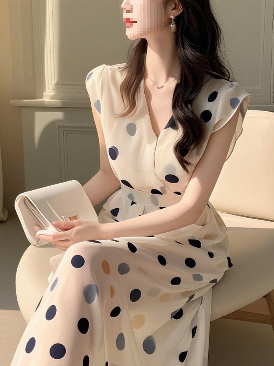 Đầm maxi nữ không tay cổ V chấm bi voan dài mùa hè phong cách Pháp — Trang phục Wave Point chi tiết 6