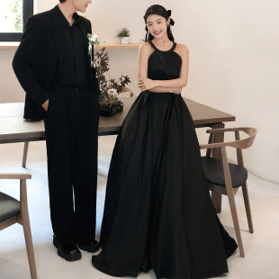 French Style Light Wedding Dress Satin Simple High-end Tail Neck-hanging Tutu Skirt Korean Style Women's Evening Dress with Photo Studio Theme