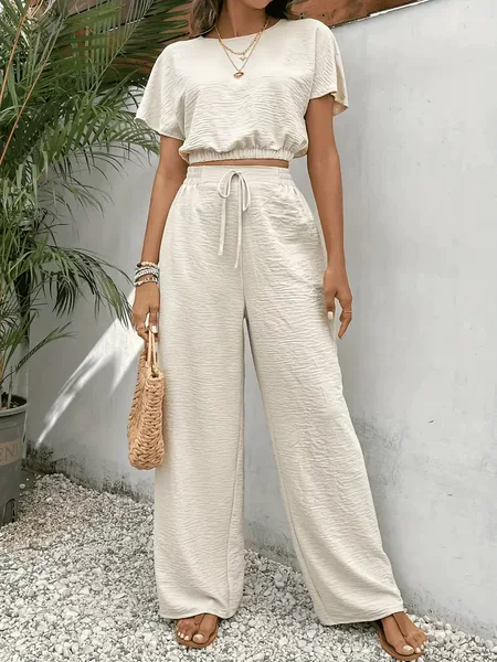 Women's Solid Color T-Shirt and Straight-Leg Pants Two-Piece Set, Spring and Autumn Waist-Cinching Casual Outfit, European and American Cross-Border Women's Clothing Wholesale
