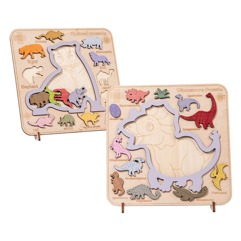 Los niños educativos dinosaurio animal tridimensional rompecabezas de madera forma Juego rompecabezas cognitivo educación temprana montaje bloques de construcción de juguete