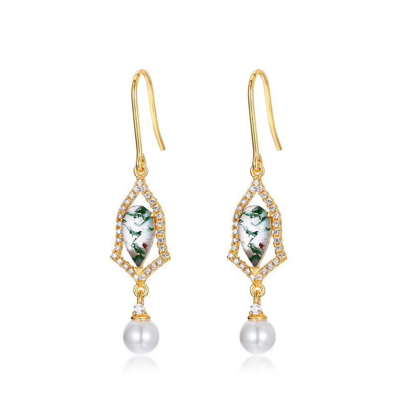 Nuevas gotas de agua retro transfronterizas Pendientes de piedra de musgo verde natural S925 Ganchos de oreja de ágata con incrustaciones de plata Lujo ligero europeo y americano