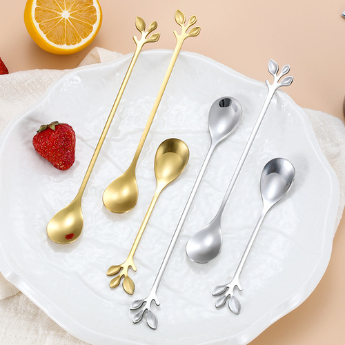 Stainless steel leaf spoon, creative fruit fork, European style gold leaf spoon, small coffee spoon, stirring spoon, dessert spoon gift