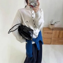 欧货高级感卷边半高领毛衣外套女秋冬复古纽扣百搭显瘦针织开衫款