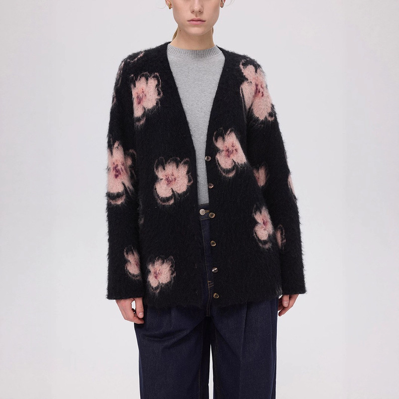 Fabrjque Night Garden Hand-Painted Peach Blossom Knitted Cardigan Women's New Style