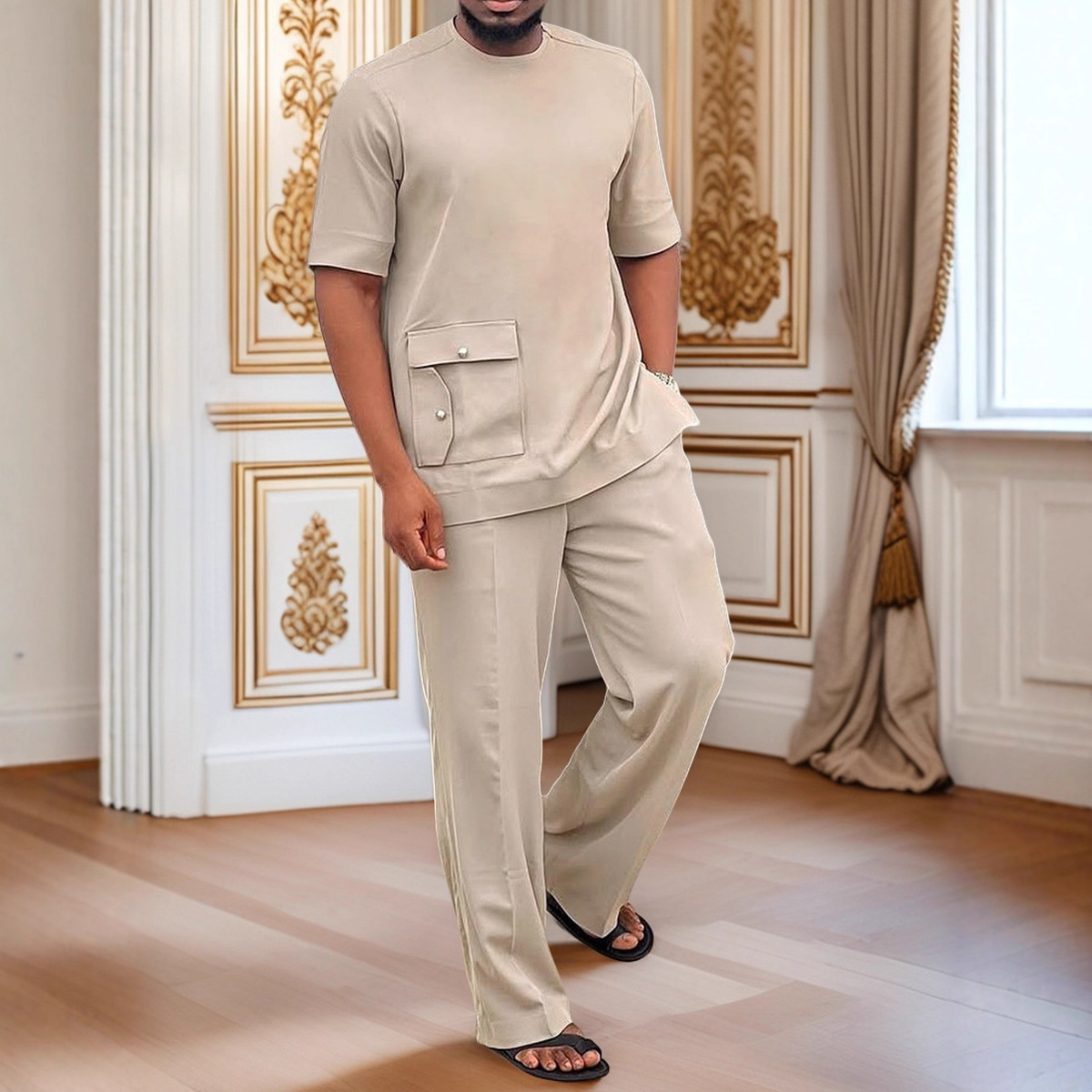 African Print Men's Casual Shirt And Pants Set Tribal Short Sleeve Outfit for Festivals Khaki Size XS-XXL_voghion.com