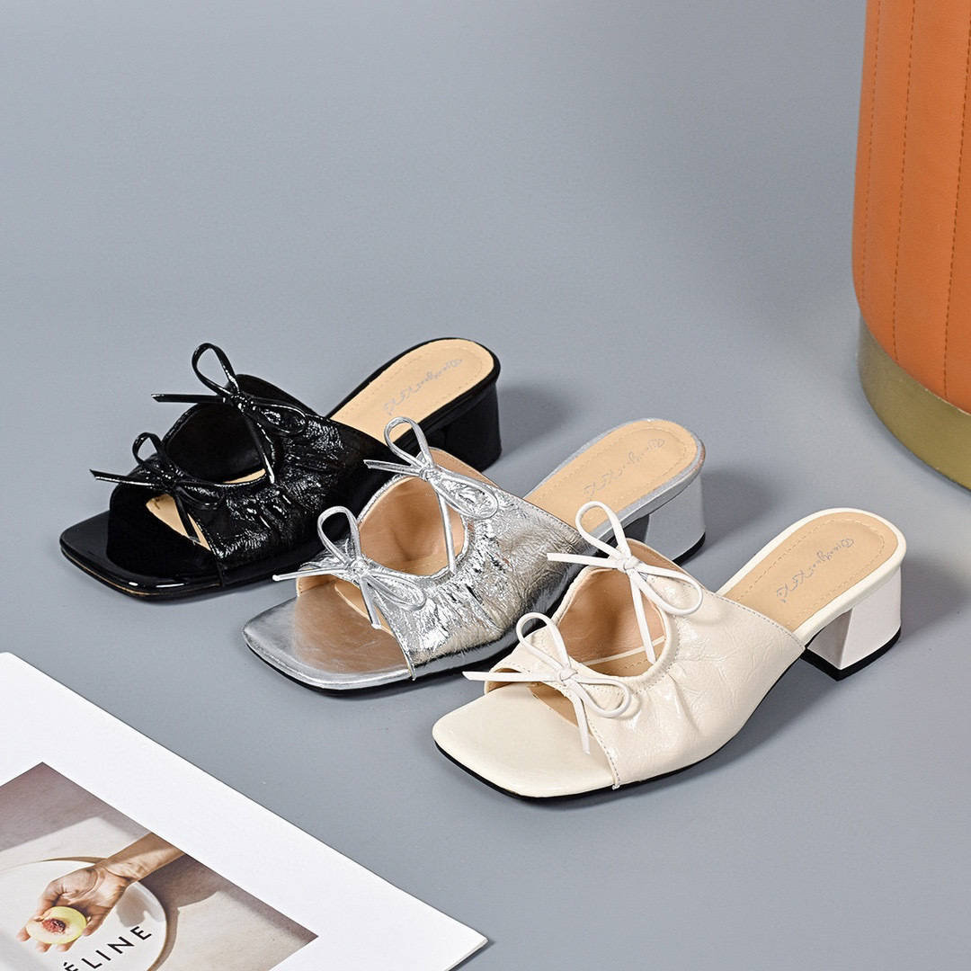 Dép sandal nữ quai ngang da thật mũi vuông đế xuồng gót thấp — đen chi tiết 9