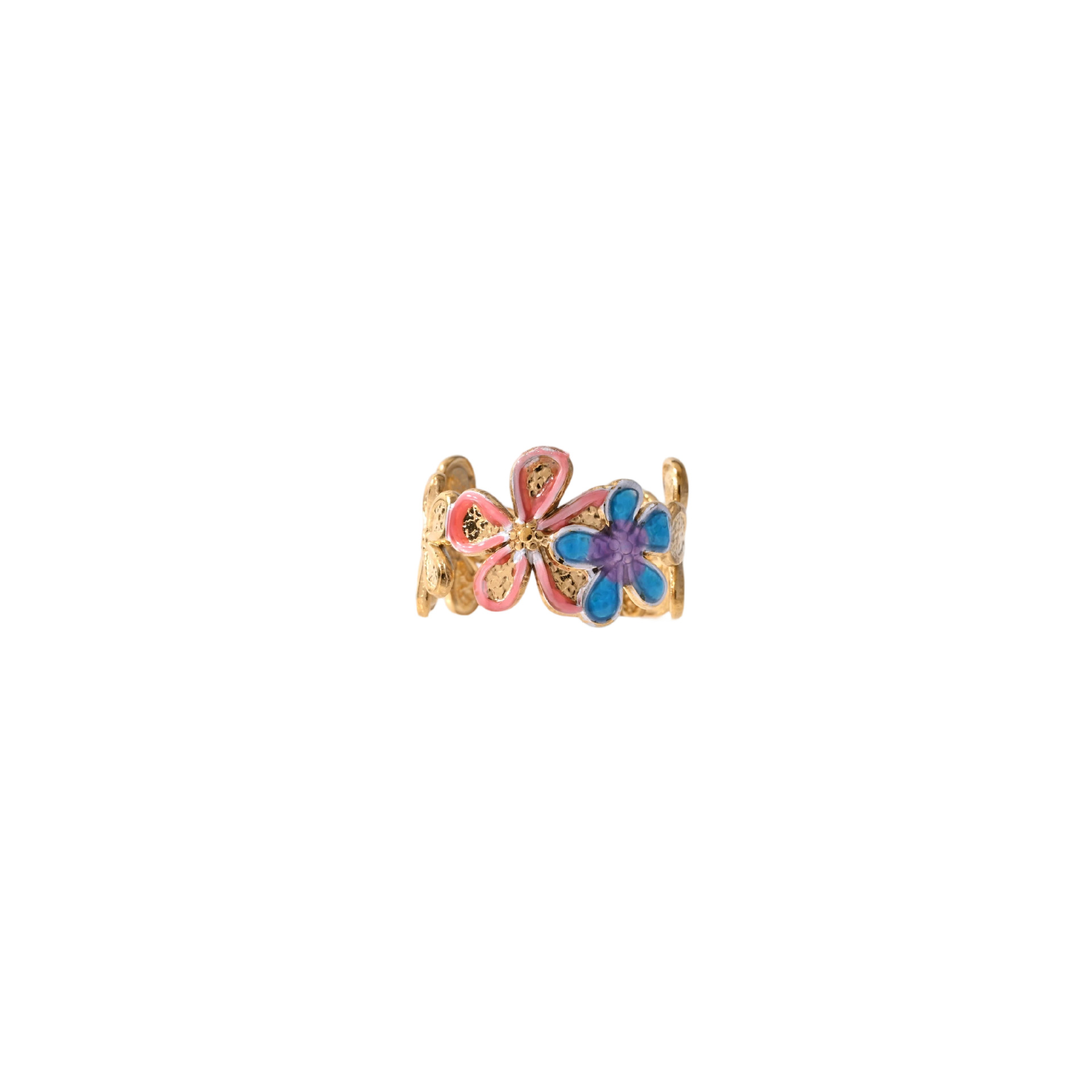 Acero inoxidable transfronterizo de venta caliente color goteo de aceite frío flores de esmalte de verano de vacaciones de viento flor pequeña abertura anillo mujer