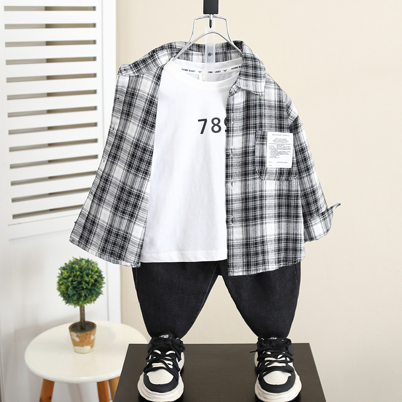 5839 Chaqueta de camisa de primavera y otoño para niños 2024 Nueva camisa a cuadros de otoño para bebés de moda
