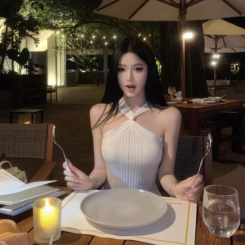 Purely sexy and alluring cross-knot halter neck knit top, summer design, slim fit, flattering, versatile sleeveless top for hot girls