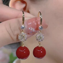 复古钻球红色珍珠耳环女网红爆款高级感气质小众耳环圆脸显瘦耳饰