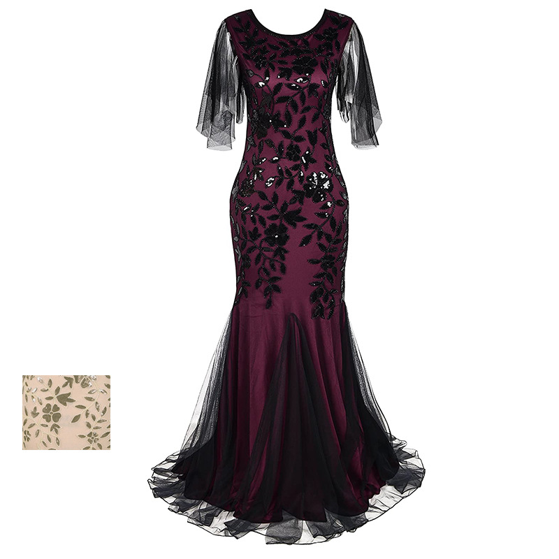 Vestido largo retro de los años 20 para mujer, estilo Gatsby, para fiesta de graduación, banquete, vestido de noche de manga corta, estilo europeo y americano GA166
