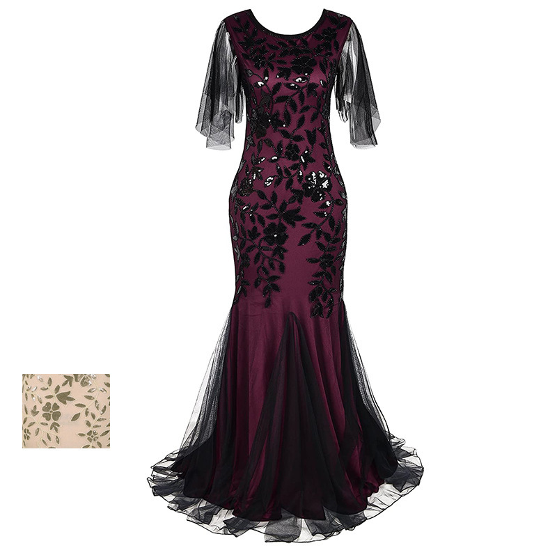 1920S Gatsby Women's Retro Prom Party Banquet Party Long Dress Short-Sleeved Evening Dress Ga166 European and American Style