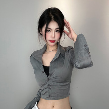 韩国东大门新款修身显瘦性感辣妹显身材短款露腰长袖衬衫上衣女