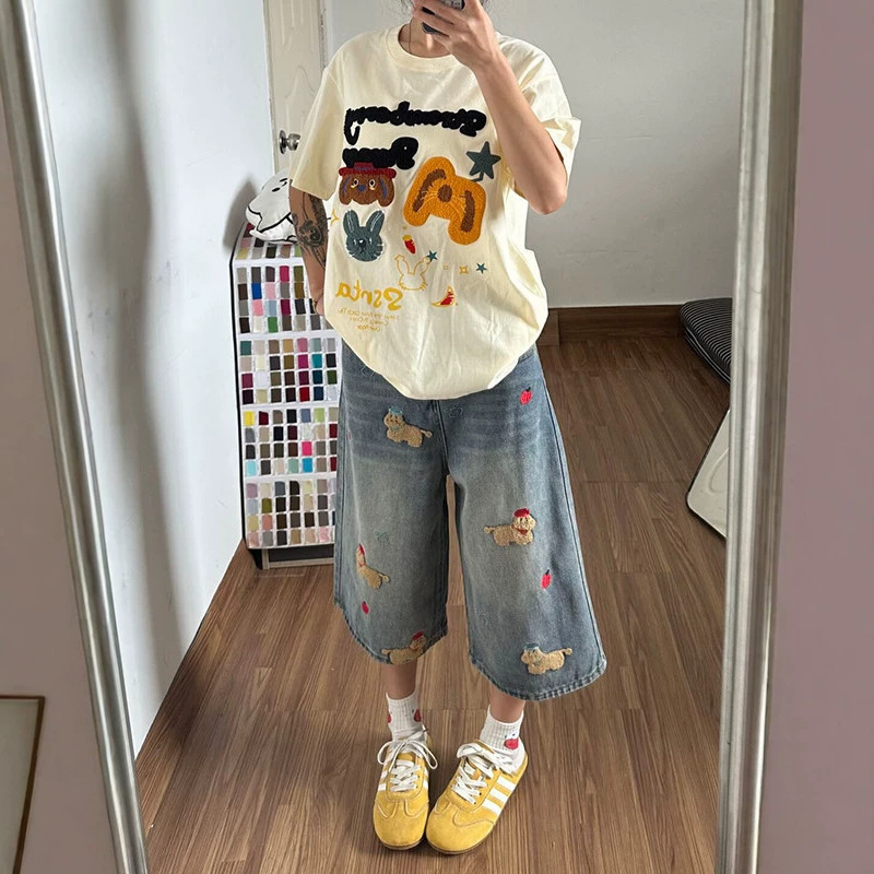 Wide-Leg Denim Cropped Pants for Women, Summer Straight-Leg Mid-Length Jeans, Low-Waist Loose Slimming Pants for Women