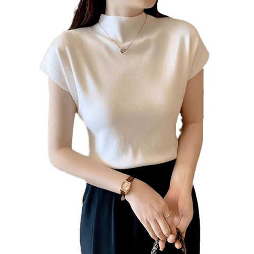 Black Women's New Short-Sleeve Summer Knit Half-Neck Fashion Short-Sleeve Top Short Ice Silk T-shirt