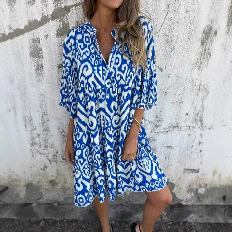 2025 Трансграничные европейские и американские женские весенние летние новые четырехсторонние повседневные платья с V-образным вырезом складчатые женские платья