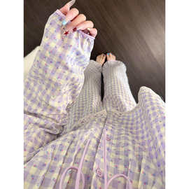 甜美慵懒风紫色格子睡衣女春夏款娃娃领系带长袖家居服套装可外穿