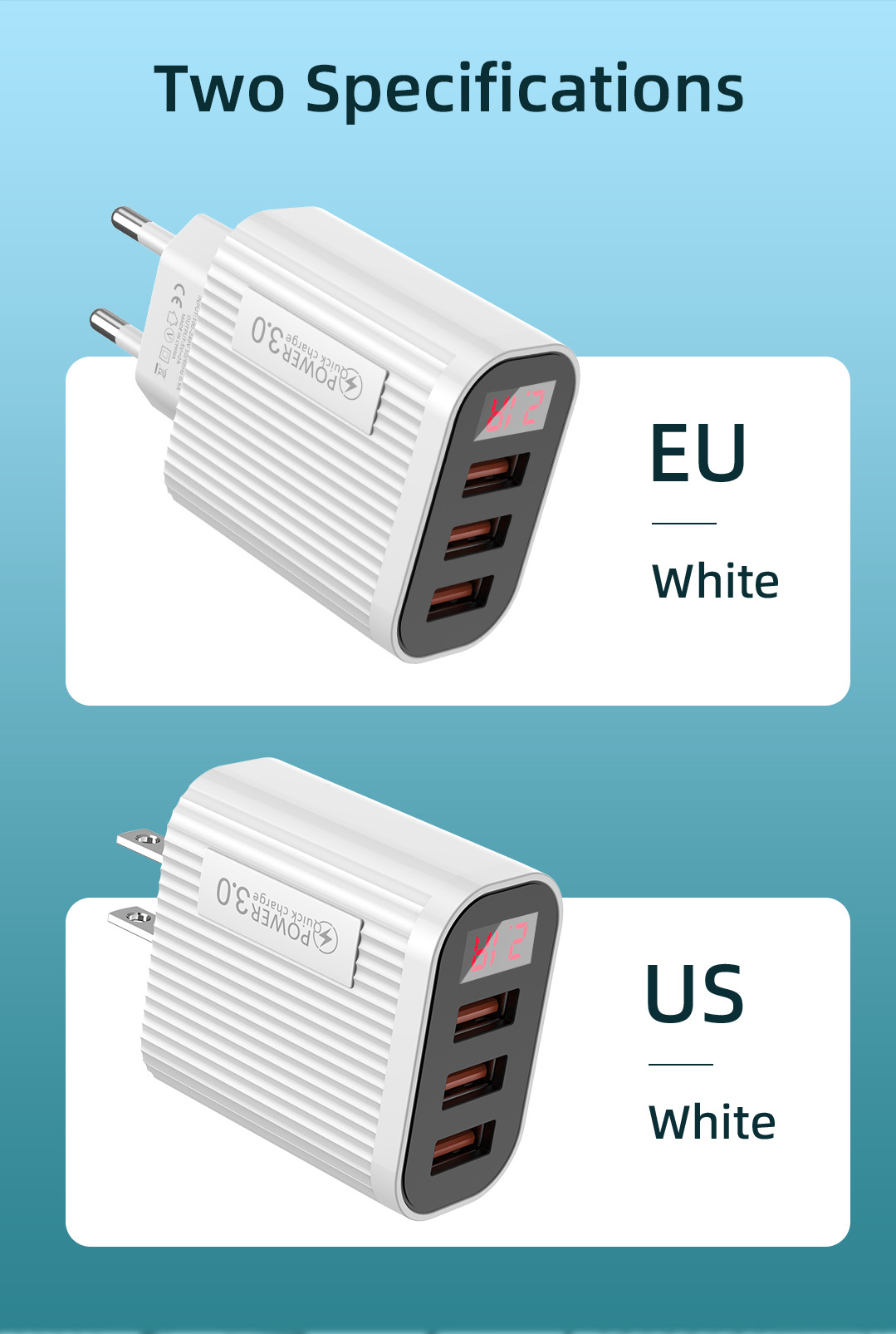 3USB Digital Phone Charger Multi port Display European American Standard Fast Charging Head Suitable for Apple and_voghion.com