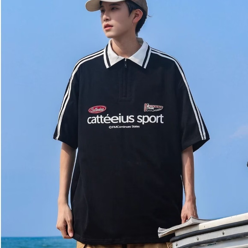 美式复古重磅polo衫翻领短袖T恤男女同款小众设计感学院风情侣t恤