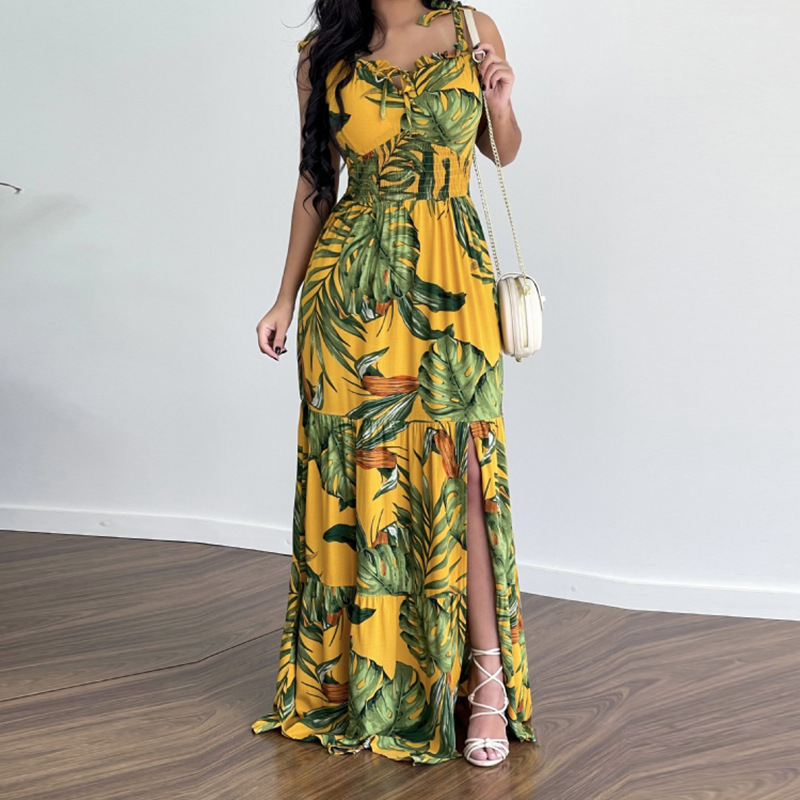 Hawaiian Leaves U Neck Sleeveless Printing Polyester Dresses Maxi Long Dress Strap Dress display picture 2