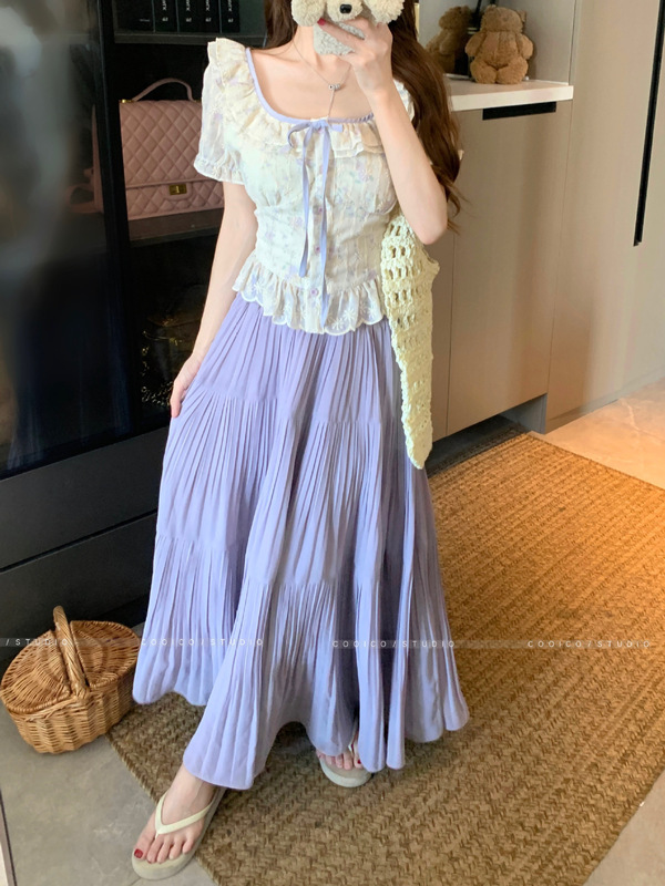 プラスサイズの女性のフレンチフローラル刺繍スクエアネックトップ夏ファットmmパフスリーブシャツツーピーススカートスーツ|undefined