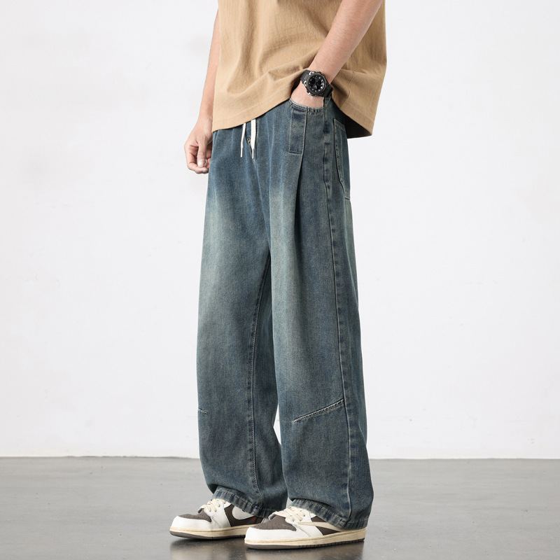 Shanggu Men's Blue Jeans Men's Loose Straight-Leg Elastic Waist Wide Leg Pants Nostalgic Color Ready Stock Korean Version Basic