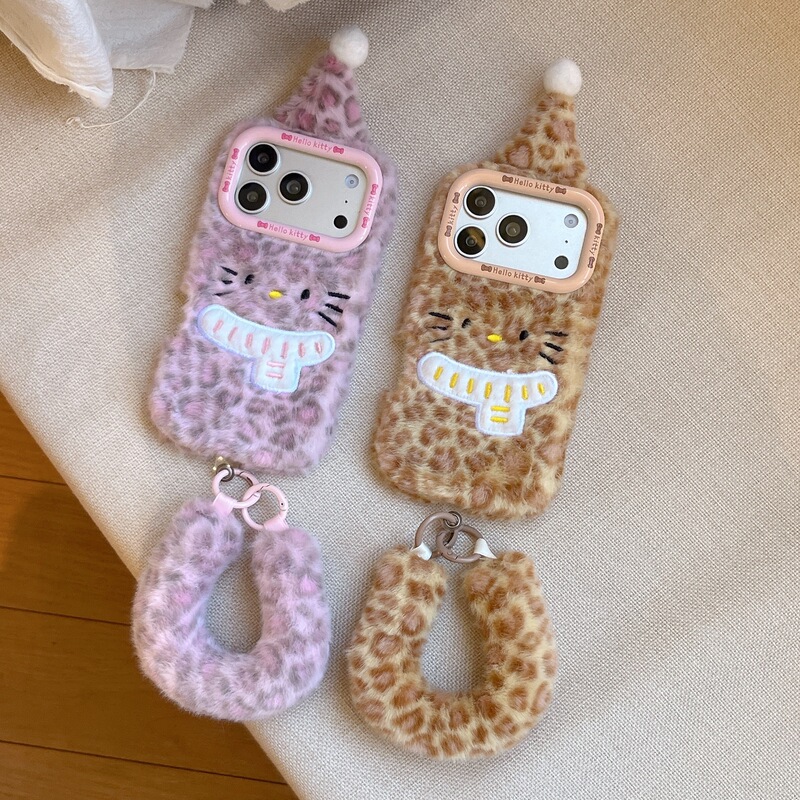 Pink Leopard Print Hello Kitty iPhone 15 Phone Case with Christmas Hat and Plush Lanyard, Full Protection Against Drops for 14Pro Pink Leopard Print Hello Kitty iPhone 15 Phone Case with Christmas Hat and Plush Lanyard, Full Protection Against Drops for 14Pro