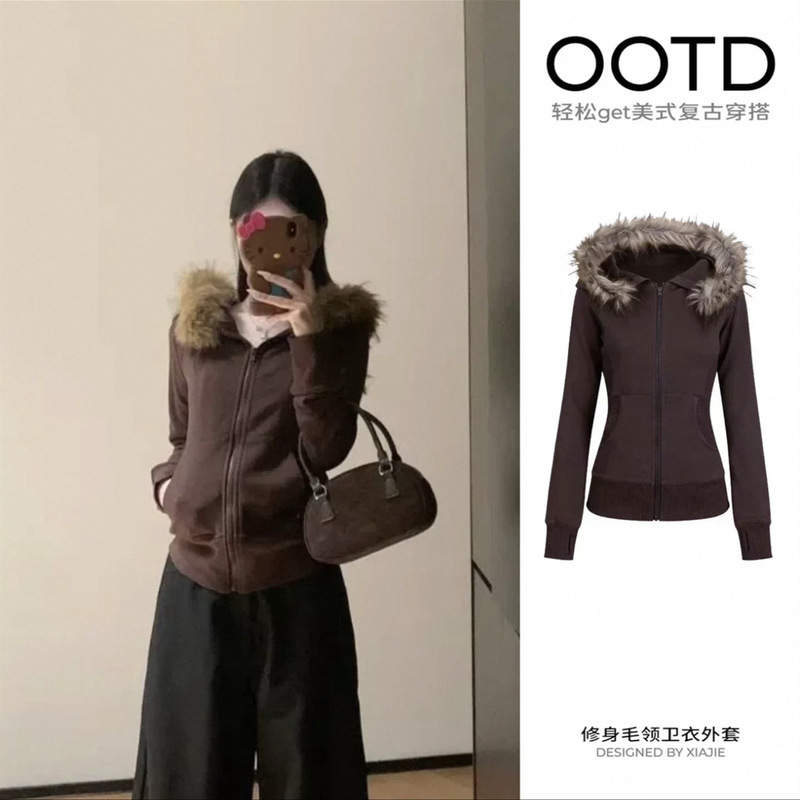 Detachable Fur Collar Slim-Fit Sweatshirt Jacket for Women, New Autumn and Winter Style, Tight-Fitting, Waist-Cinching, Thickened Brown Winter Coat Detachable Fur Collar Slim-Fit Sweatshirt Jacket for Women, New Autumn and Winter Style, Tight-Fitting, Waist-Cinching, Thickened Brown Winter Coat