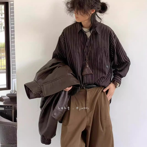 Japanese Retro Uncommon Striped Long-Sleeve Shirt for Men Spring and Autumn Season College INS Boyfriend Style Loose Collar Shirt Top