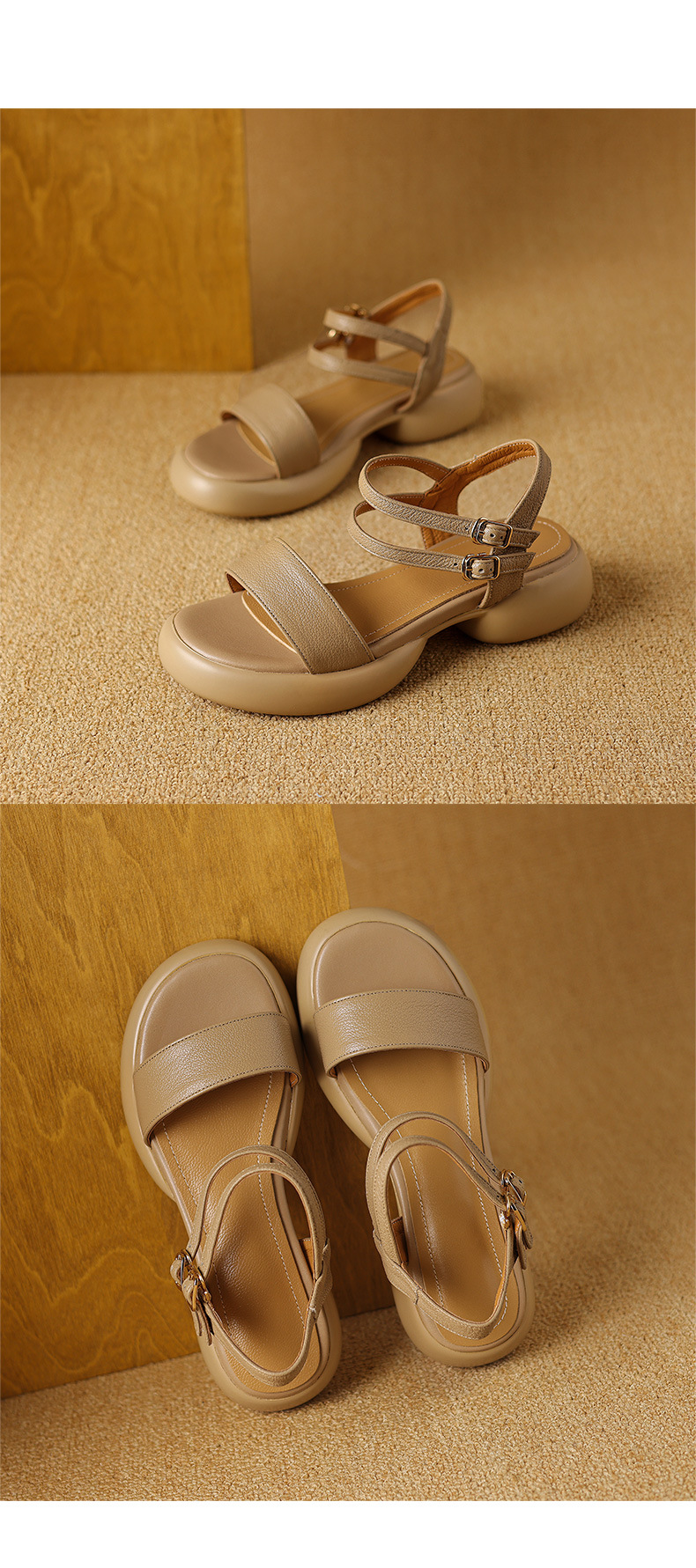 Sandal nữ hở mũi quai ngang gót vuông đế dày da cừu — Màu trắng be chi tiết 12